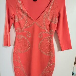 bebe Coral Dress with Gold Detailing